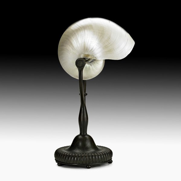 TIFFANY STUDIOS Nautilus lamp: TIFFANY STUDIOS; Nautilus table lamp, New York, ca. 1900; Bronze, nautilus shell, silvered metal, single socket; Base stamped Tiffany Studios New York 266; 12 1/2" x 7"