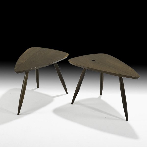 PHIL POWELL Pair of side tables: PHIL POWELL; Pair of triangular side tables, New Hope, PA; Sculpted walnut; Unmarked; 15" x 23 1/2" x 15 1/2"