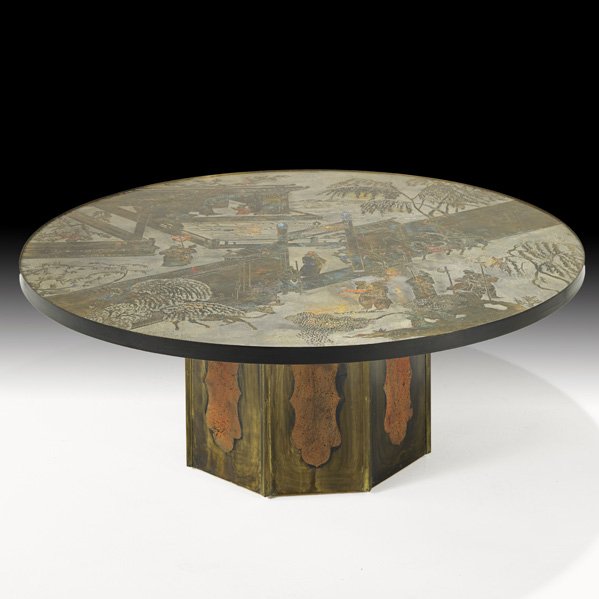 PHILIP AND KELVIN LaVERNE Chan coffee table: PHILIP AND KELVIN LAVERNE; Chan coffee table, New York, 1960s; Etched, patinated and enameled bronze, pewter; Raised signature and paper label; 17 3/4" x 47 1/2" dia.