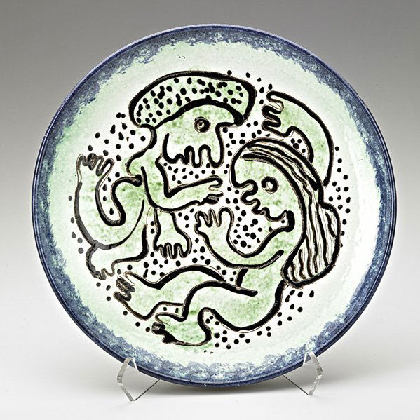 EDWIN AND MARY SCHEIER Charger: EDWIN AND MARY SCHEIER; Incised and glazed charger; Signed Scheier; 11 1/2" dia.