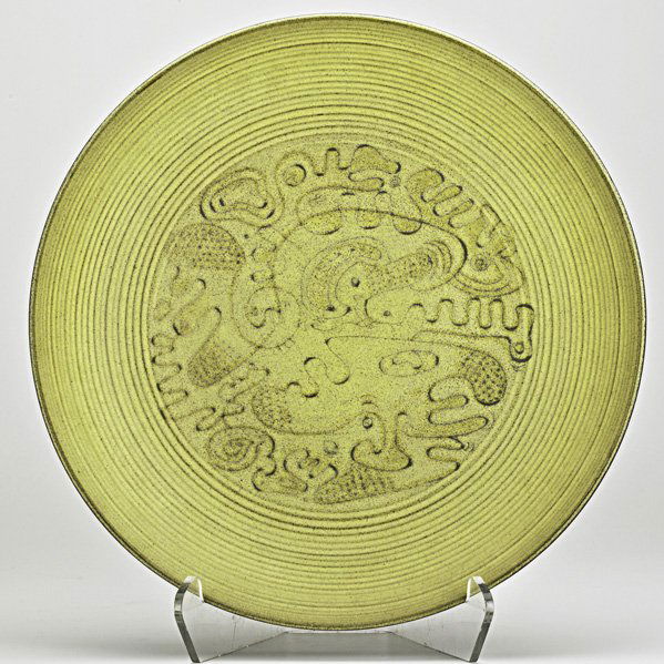 EDWIN AND MARY SCHEIER Glazed stoneware charger: EDWIN AND MARY SCHEIER; Large glazed stoneware charger, New Hampshire, 1960s; Signed; 2 1/4" x 16"