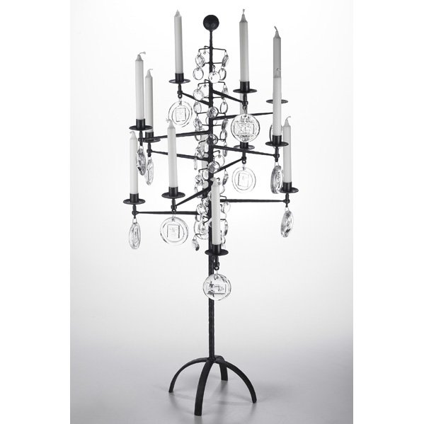 ERIK HOGLUND Candelabrum: ERIK HOGLUND; BODA NOVA GLASSWORKS; AXEL STROMBERG IRONWORKS; Twelve-arm candelabrum, Sweden, 1950s; Enameled wrought iron; Unmarked; Overall: 44 1/2" x 19 1/2" dia.