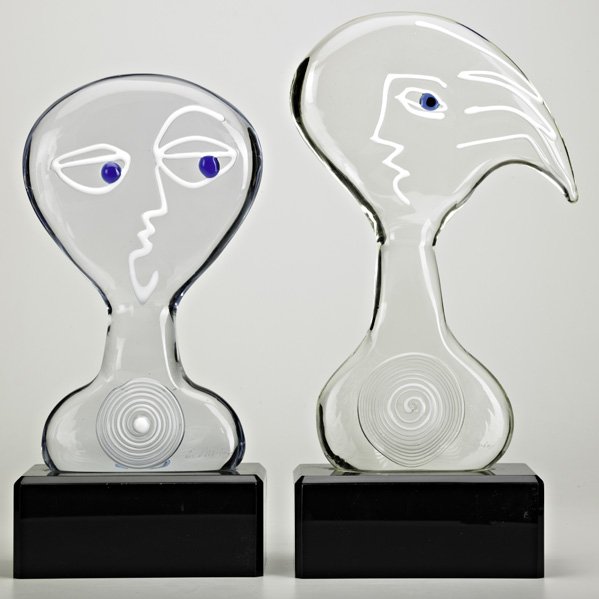 ERMANNO NASON Two glass sculptures: ERMANNO NASON (b. 1928); Two glass sculptures, Italy, 1970s; On black lucite stands; Each signed E. Nason; Total: 17 1/4" x 9", 15 1/4" x 7 1/2"