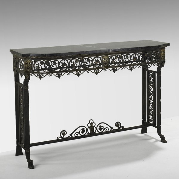 OSCAR BACH Console table: OSCAR BACH; Console, New York, 1920s; Gilt iron, wrought iron, marble; Unmarked; 33 1/2" x 40 1/2" 16 1/2"