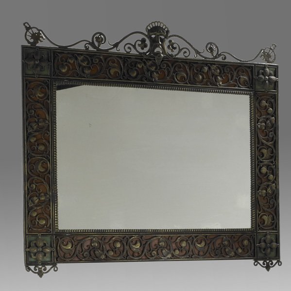 OSCAR BACH Mirror: OSCAR BACH; Mirror, New York, 1920s; Gilt iron, wrought iron, enameled metal, mirrored glass; Unmarked; 36" x 42"