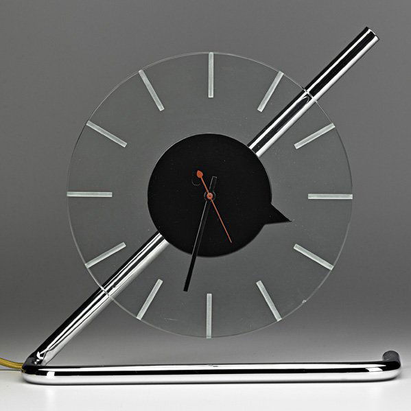 GILBERT ROHDE; HERMAN MILLER Z Clock: GILBERT ROHDE; HERMAN MILLER CLOCK CO.; Z Clock, USA, 1933; Chrome plated steel, glass, enameled metal; Unmarked; 11 3/4" x 12" x 3" Provenance: Private Collection, New York