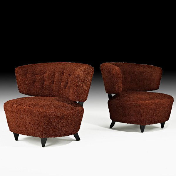 GILBERT ROHDE Pair of lounge chairs: GILBERT ROHDE; HERMAN MILLER; Pair of lounge chairs, Zeeland, MI, 1940s; Painted wood, upholstery; Unmarked; 30" x 35" x 27"