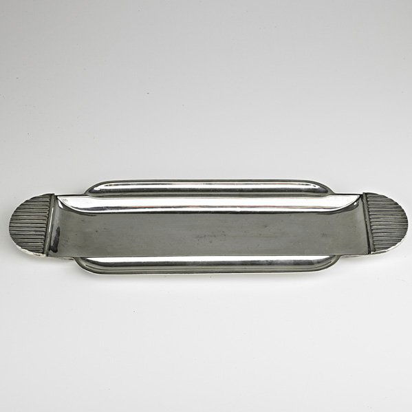 LURELLE GUILD Silver-plated tray: LURELLE GUILD; Silver-plated tray, Meriden, CT, 1940s; Stamped Lurelle Guild International Giftware 5853; 1/2" x 15" x 5 1/4"