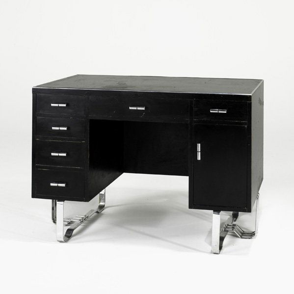 WOLFGANG HOFFMANN Double-pedestal desk: WOLFGANG HOFFMANN; HOWELL; Desk, USA, 1930s; Ebonized wood, chromed steel, Bakelite; Unmarked; 31" x 44" x 25"