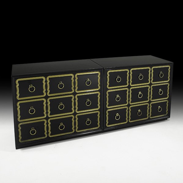 DOROTHY DRAPER Pr. of Espana cabinets: DOROTHY DRAPER; HERITAGE HENREDON; Pair of Espana dressers, USA, 1950s; Lacquered and gilt wood, brass; Branded; 31 1/2" x 38" x 20 1/4"