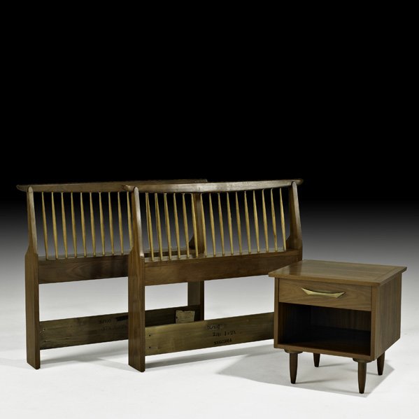 GEORGE NAKASHIMA Pr. of twin headboard, nightstan: GEORGE NAKASHIMA; WIDDICOMB; Pair of Origins twin headboards and one nightstand, Grand Rapids, MI, 1960s; Walnut, hickory, brass; Fabric label, paper label, branded; Nightstand: 22 1/2" x 22" x 21", h