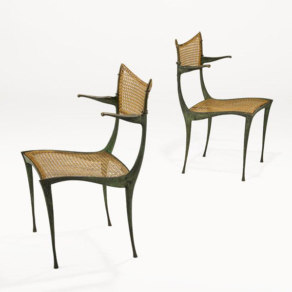 DAN JOHNSON Pair of bronze Gazelle chairs: DAN JOHNSON; Pair of Gazelle chairs (no. 20B), USA, 1950s; Bronze, cane; Unmarked; 31 1/4" x 19 1/4" x 20"