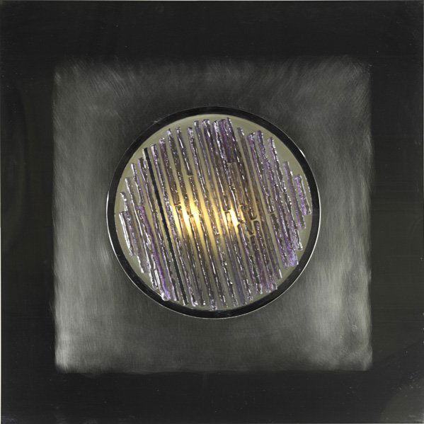 ANGELO BROTTO Illuminating sculpture: ANGELO BROTTO; ESPERIA; Illuminated sculpture, Italy, 1960s; Polished stainless steel, textured glass; Unmarked; 31 1/2" sq. x 4 1/2"