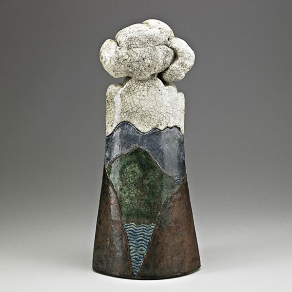 WAYNE HIGBY (b. 1943) Raku-fired sculptural vesse: WAYNE HIGBY (b. 1943); Glazed and raku-fired sculptural vessel with cover, Alfred, NY, 1973; Chop mark; 16 3/4" x 7 1/4"