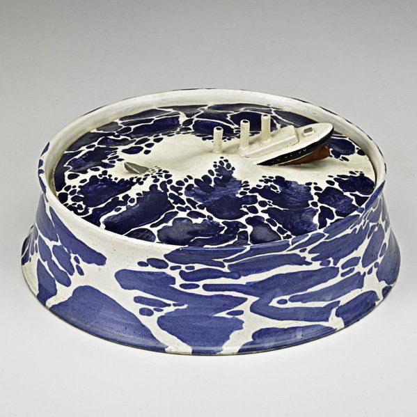 RICHARD SHAW (b. 1941) Lidded vessel: RICHARD SHAW (b. 1941); Glazed earthenware vessel, "Titanic," USA, 1970; Paper label with artist's name and date; 3 3/4" x 8 3/4" dia.