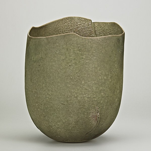 RICHARD DEVORE Stoneware vase: RICHARD DEVORE (1933-2006); Stoneware vase with asymmetrical rim and "torn" edges, Colorado, ca. 1980; 180 in ink on bottom; 13 3/4" x 8" 13 3/4" x 10 1/2"