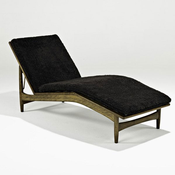 IB KOFOD-LARSEN Adjustable chaise: IB KOFOD-LARSEN; SELIG; Adjustable chaise, Denmark, 1960s; Stained beech, brass, upholstery; Metal label; Fully reclined: 28 1/2" x 63" x 23"