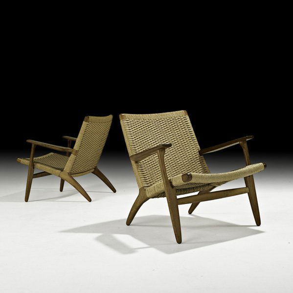 HANS WEGNER; CARL HANSEN & SON Two lounge chairs: HANS WEGNER; CARL HANSEN & SON; Pair of lounge chairs, Denmark, 1950s; Oak, cord; Foil label to one; 28" x 28" x 28"