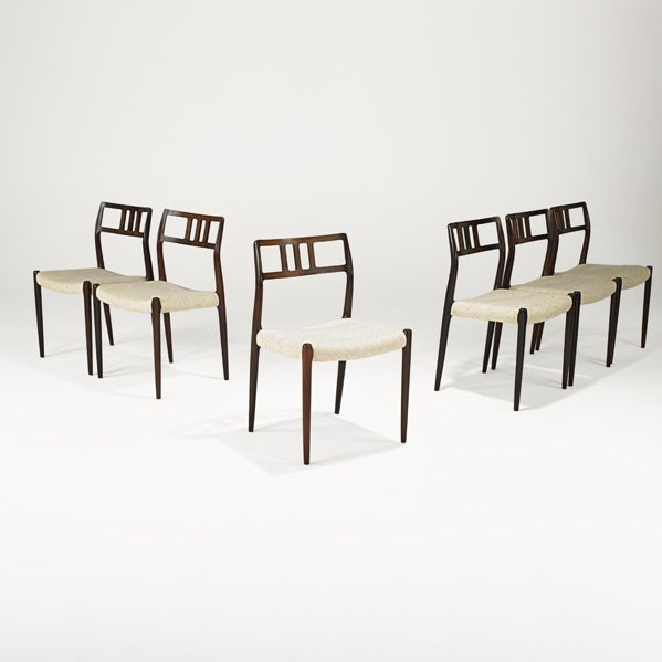 NIELS O. MOLLER Six dining chairs: NIELS O. MOLLER; J. L. MOLLER; Set of six dining chairs, Denmark, 1960s; Rosewood, upholstery; Unmarked; 31" x 19 1/2" x 18"