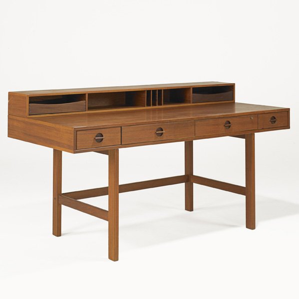 LOVIG Teak flip-top desk: LOVIG; Flip-top desk, Denmark, 1960s; Flips open to become a partners desk; Teak; Branded; Closed: 34" x 64" x 28 3/4", open: 38" wide