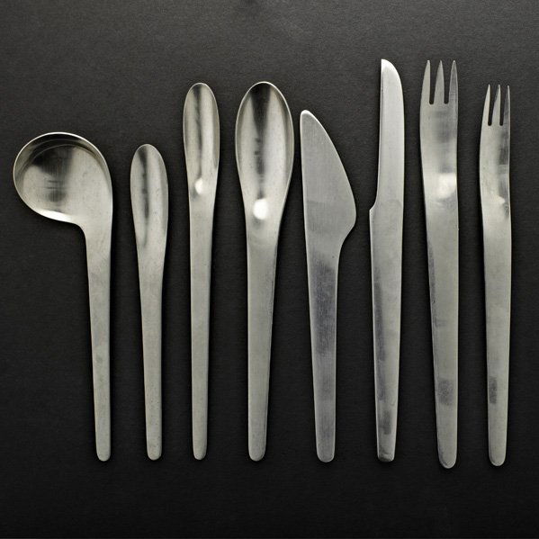 ARNE JACOBSEN; A. MICHELSON Flatware set for 12: ARNE JACOBSEN; A. MICHELSON; Assembled stainless steel flatware service for twelve, 109 pieces total, Denmark, 1960s; Dinner and salad forks, soup, table, and tea spoons, steak and butter knives, ice