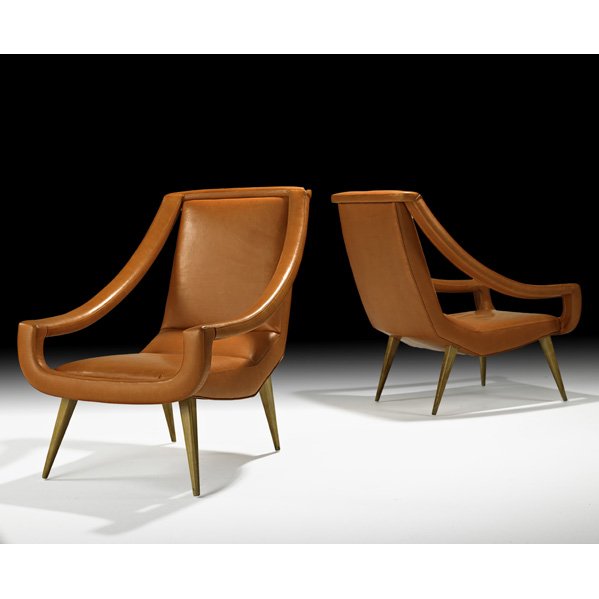 MAXIME OLD Pair of lounge chairs: MAXIME OLD; Pair of lounge chairs, France, 1960s; Leather, sycamore; Unmarked; 35 1/2" x 28" x 37"