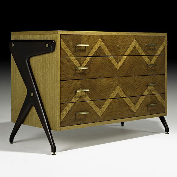 LOUIS PAOLOZZI Inlaid wood dresser: LOUIS PAOLOZZI; Dresser, France, 1950s; Oak, mahogany, brass; Unmarked; 33 1/2" x 48 1/2" x 23"