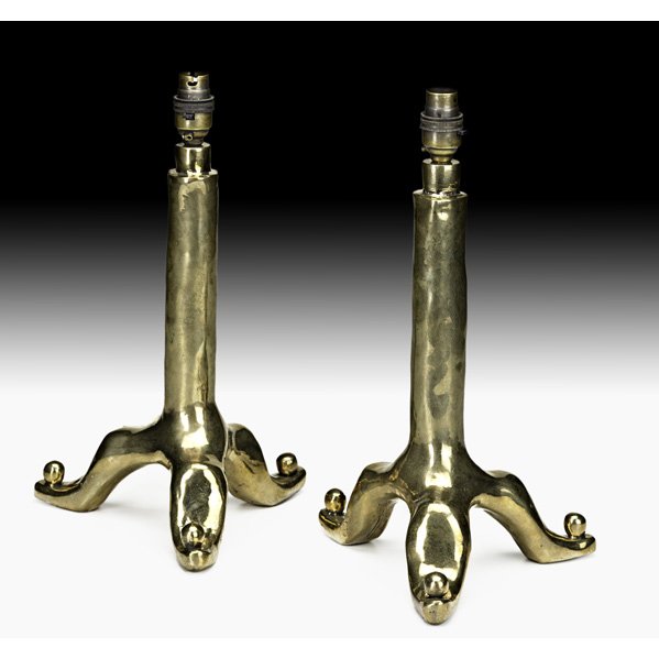 GAROUSTE & BONETTI Pair of bronze table lamps: ELIZABETH GAROUSTE & MATTIA BONETTI; Pair of solid bronze table lamps, France, 1980s; Stamped BG; 14" x 8 1/2" dia.