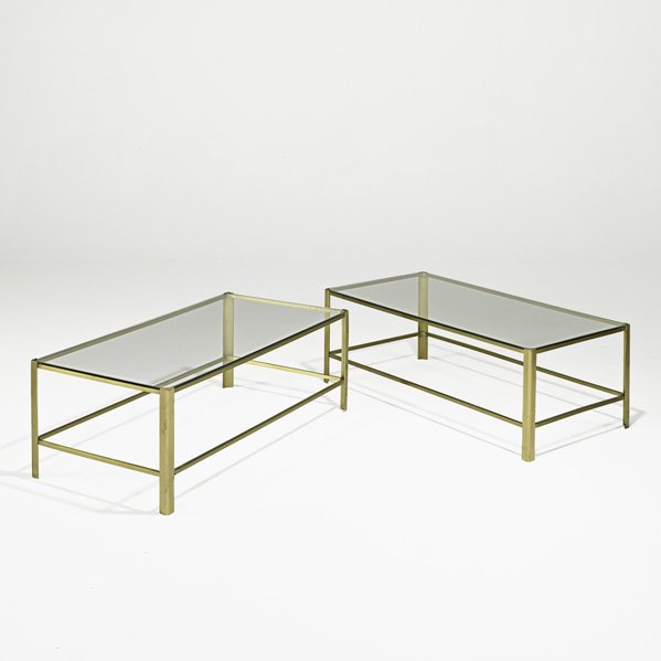 JACQUES QUINET Pair of low tables: JACQUES QUINET; Pair of low tables, France, 1960s; Bronze, glass; Unmarked; 14" x 39 3/4" x 20 1/4"