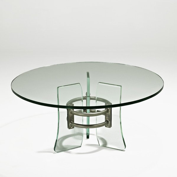 FONTANA ARTE Round coffee table: PIETRO CHIESA; FONTANA ARTE; Round coffee table, Italy, 1950s; Crystal, nickeled brass, glass; Unmarked; 17" x 37 1/2" dia. Provenance: Bernd Goeckler Antiques, New York