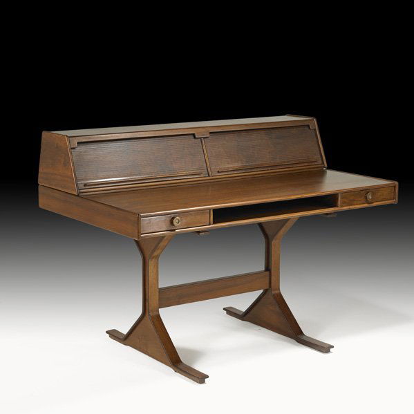 GIANFRANCO FRATTINI Jacaranda desk: GIANFRANCO FRATTINI; BERNINI; Tambour-top desk, Italy, 1950s; Jacaranda, brass; Bernini foil label; 37 1/2" x 51 1/4" x 31 1/2"