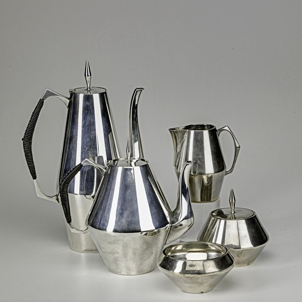 JOHN PRIP; REED & BARTON Coffee, tea set: JOHN PRIP; REED & BARTON; Five-piece coffee and tea set in Diamond pattern, Taunton, MA, ca. 1958; Sterling, leather; All stamped REED & BARTON STERLING 440 THE DIAMOND; Coffee pot: 11 3/4" x 7 1/2"