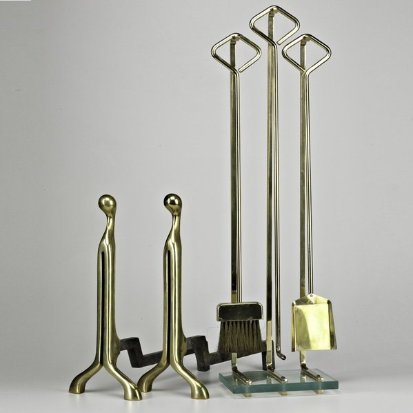 FONTANA ARTE (Attr.) Fireplace tools and andirons: FONTANA ARTE (Attr.); Fireplace tools and matching andirons, Italy, 1960s; Brass, enameled iron, crystal; Unmarked; Fireplace tools: 35" x 9 1/2" x 7 1/2", andirons: 18" x 8 1/2" x 16 3/4"