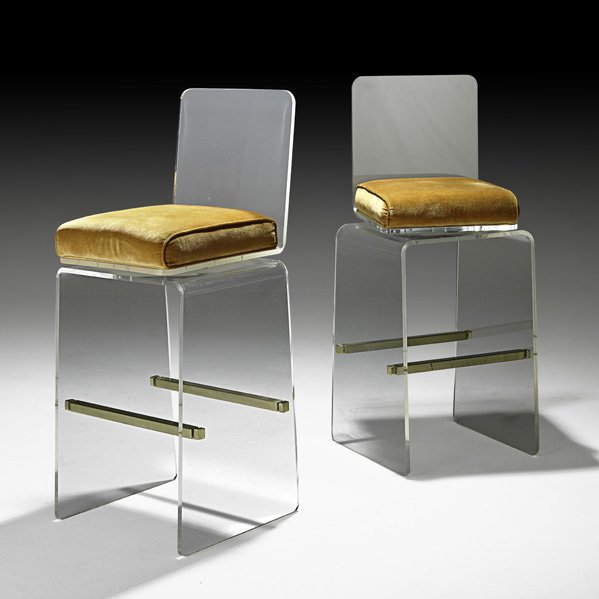 CHARLES HOLLIS JONES Pr. of Waterfall bar stools: CHARLES HOLLIS JONES; Pair of Waterfall bar stools, USA, 1970s; Acrylic, brass plated metal, upholstery; Unmarked; 42 1/4" x 17 1/2" x 18"
