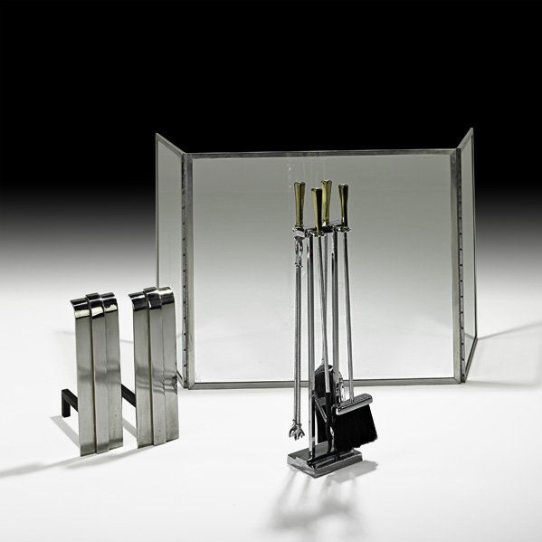 STYLE OF KARL SPRINGER Fireplace set: STYLE OF KARL SPRINGER; Fireplace set, USA, 1970s; Chromed and enameled steel, brass, tempered glass; Unmarked; Screen: 30" x 68", tools: 30 1/2" x 8" x 7", andirons: 17 1/2" x 5" x 12 1/4"