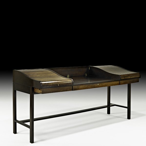 EDWARD WORMLEY; DUNBAR Tambour desk: EDWARD WORMLEY; DUNBAR; Tambour desk (no. 912), Berne, IN, 1950s; Lacquered mahogany, rosewood, leather, brass; Brass label; 35" x 74 3/4" x 28"
