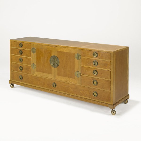 EDWARD WORMLEY; DUNBAR Cabinet: EDWARD WORMLEY; DUNBAR; Cabinet, Berne, IN, 1940s; Bleached walnut and mahogany, brass, glass, casters; Branded mark; 30" x 70" x 19"