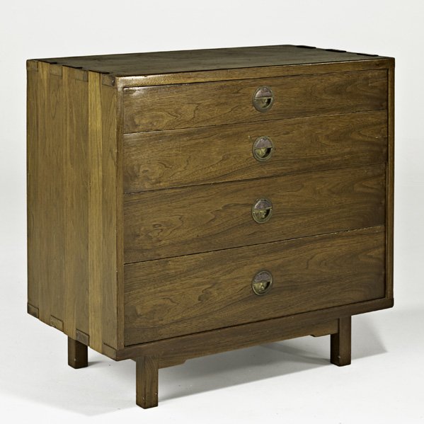 EDWARD WORMLEY; NATZLER; DUNBAR Chest: EDWARD WORMLEY; NATZLER; DUNBAR; Chest of drawers inset with Natzler tiles (no. 5726), Berne, IN, 1950s; Walnut, brass, ceramic tile; Brass label; 33 1/4" x 34 1/4" x 19 1/4"