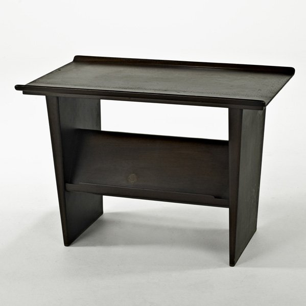 EDWARD WORMLEY; DUNBAR Magazine table: EDWARD WORMLEY; DUNBAR; Magazine table, Berne, IN, 1950s; Mahogany, brass; Paper label; 24" x 34" x 20"