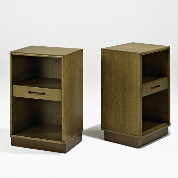 EDWARD WORMLEY; DUNBAR Pair of nightstands: EDWARD WORMLEY; DUNBAR; Pair of night stands, Berne, IN, 1940s; Bleached mahogany, leather; Branded; 25 1/4" x 16" x 13 1/4"