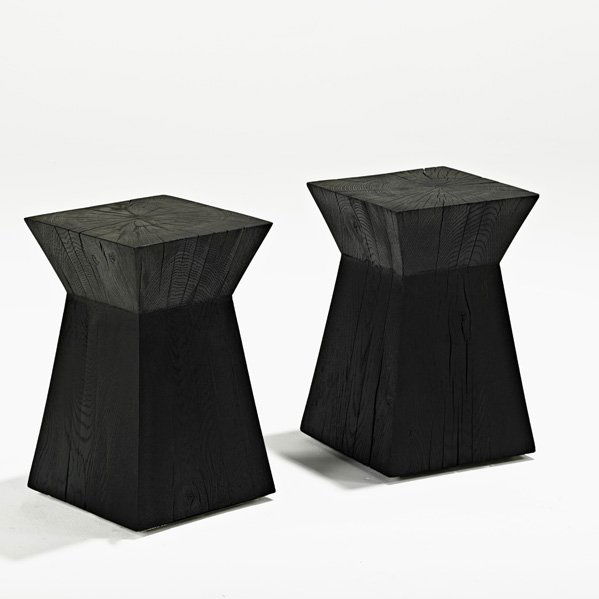 CHRISTIAN LIAIGRE Pair of occasional tables: CHRISTIAN LIAIGRE; HOLLY HUNT; Pair of stained oak occasional tables, New York, 1990s; Unmarked; 17 1/4" x 11" sq.