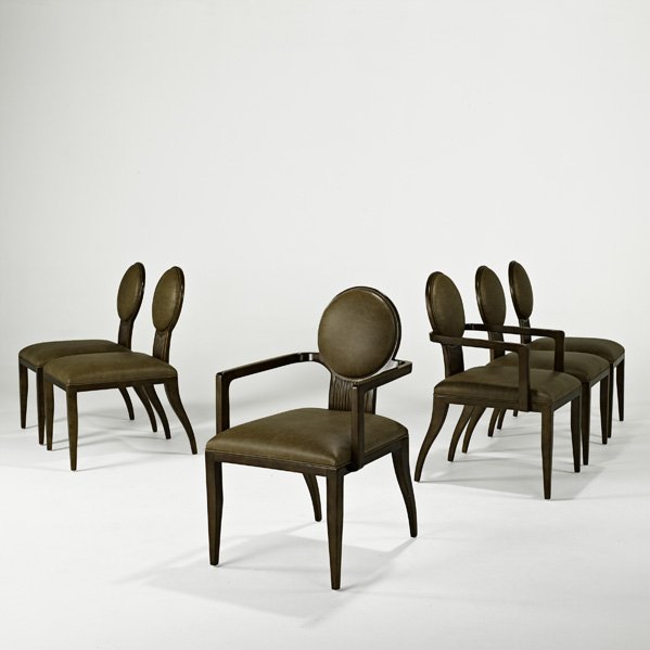 JUAN MONTOYA; CENTURY FURNITURE Six dining chairs: JUAN MONTOYA; CENTURY FURNITURE; Set of six of Antelope chairs, two arm-, four side-, USA, 2011; Beech, leather; Unmarked; Arm: 36 1/2" x 22 1/2" x 24 3/4" Provenance: Collection of the artist