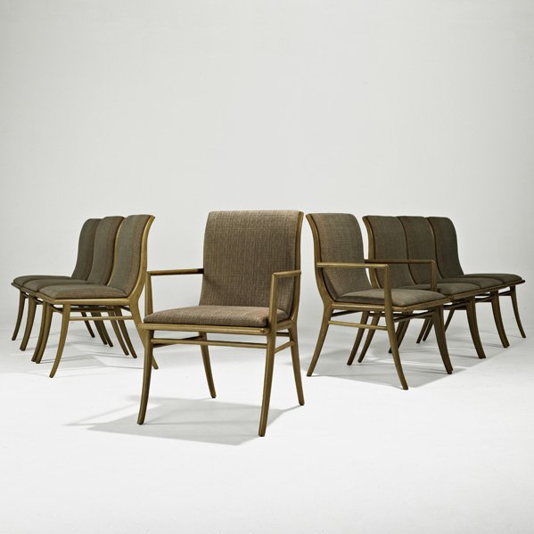 T.H. ROBSJOHN GIBBINGS; WIDDICOMB Eight chairs: T.H. ROBSJOHN GIBBINGS; WIDDICOMB; Set of eight sabre-leg dining chairs, two arm-, six side-, Grand Rapids, MI, 1950s; Walnut, silk upholstery; Unmarked; Arm: 34" x 22 1/2" x 24"