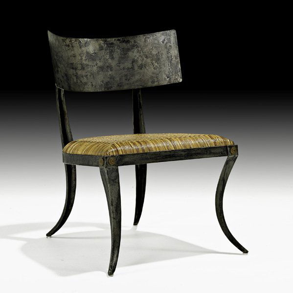 CHED BERENGUER-TOPACIO Klismos lounge chair: CHED BERENGUER-TOPACIO; Klismos lounge chair, Philippines, 1990s; Patinated wrought iron, brass, woven cane; Unmarked; 29 1/2" x 21 1/4" x 24 1/2"