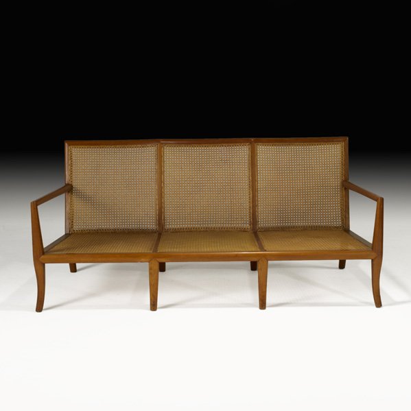 T.H. ROBSJOHN GIBBINGS Sofa: T.H. ROBSJOHN GIBBINGS; WIDDICOMB; Three-seat sofa, Grand Rapids, MI, 1950s; Mahogany, cane, upholstery; Unmarked; 29 1/4" x 65 1/4" x 31"