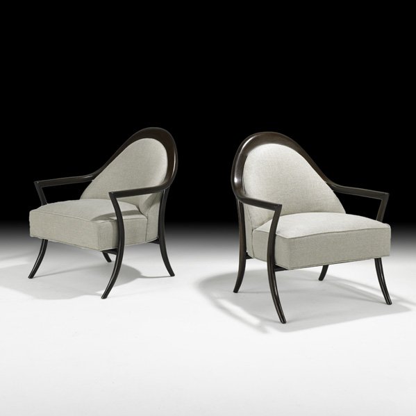 T.H. ROBSJOHN GIBBINGS Pair of lounge chairs: T.H. ROBSJOHN GIBBINGS; WIDDICOMB; Pair of saber leg lounge chairs, Grand Rapids, MI, 1950s; Walnut, wool; Unmarked; 33 1/2" x 27" x 30 1/2"