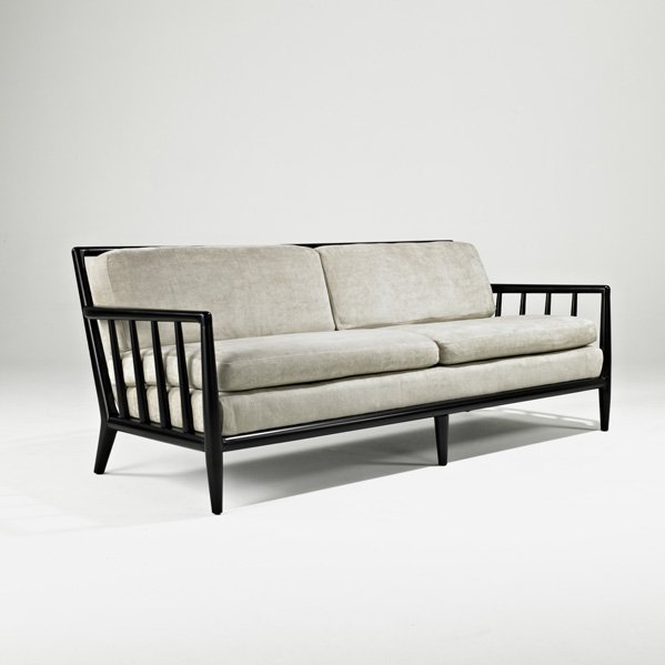 T.H. ROBSJOHN GIBBINGS Sofa: T.H. ROBSJOHN GIBBINGS; WIDDICOMB; Sofa, Grand Rapids, MI, 1950s; Lacquered wood, chenille; Unmarked; 29 1/2" x 76" x 33"