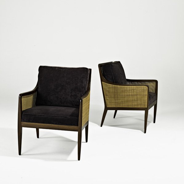 KIPP STEWART Pair of lounge chairs: KIPP STEWART; DIRECTIONAL; Pair of lounge chairs, USA, 1960s; Walnut, woven cane, velvet; Unmarked; 34" x 24" x 27"