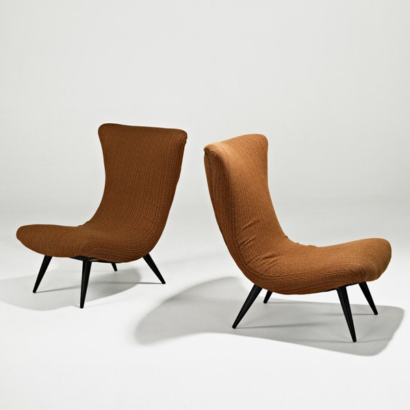 KARPIN Pr. of lounge chairs: KARPIN; Pair of lounge chairs, Chicago, IL, 1960s; Wool, brass, ebonized wood; Unmarked; 34" x 27" x 32"