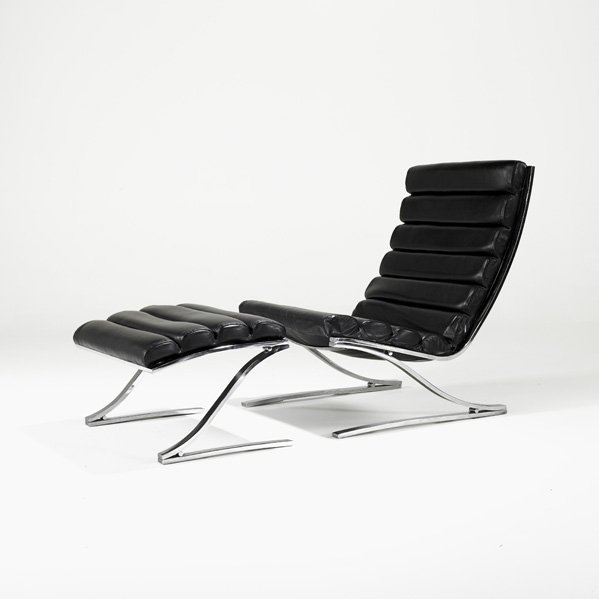 MILO BAUGHMAN (Attr.) Lounge chair and ottoman: MILO BAUGHMAN (Attr.); DESIGN INSTITUTE OF AMERICA; Tall-back lounge chair with ottoman, USA, 1970s; Chromed steel, leather; Manufacturer label on ottoman; Chair: 36 1/2" x 28" x 38", ottoman: 16 1/2"